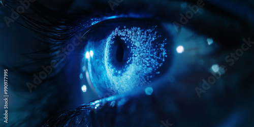 A closeup of a blue digital cyber electronic light beam on a human eye photo