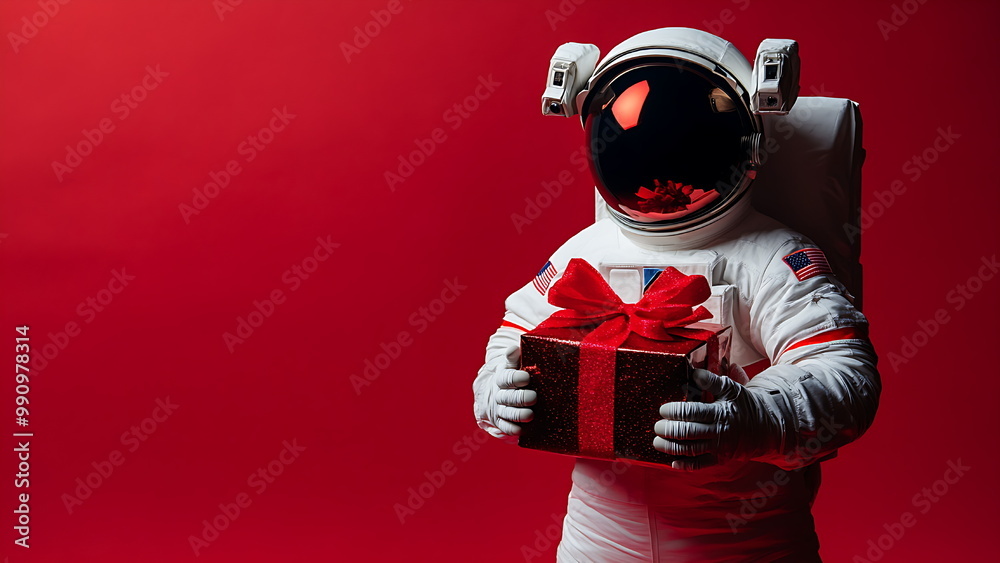 Obraz premium astronaut holding christmas gift on red background
