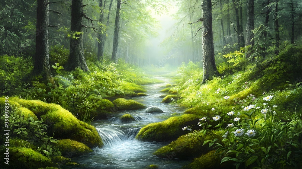 Fototapeta premium Enchanting Forest Oasis with Lush Greenery Flowing Stream and Vibrant Wildflowers