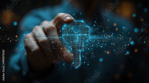 A businessman touches a virtual master key, symbolizing access control and the importance of technology security systems in protecting against hacking. photo