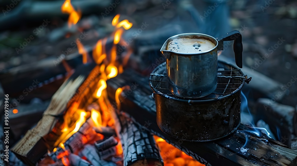 Cappuccino machine above a fire above a fire pit a tiny pot gets cooked Cappuccino machine above a fire above a fire pit a tiny pot gets cooked