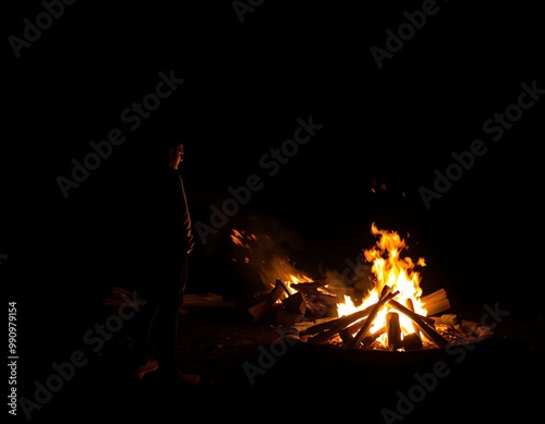 A person stands before a crackling campfire, their silhouette outlined by the warm glow of the flames against the dark night sky. photo