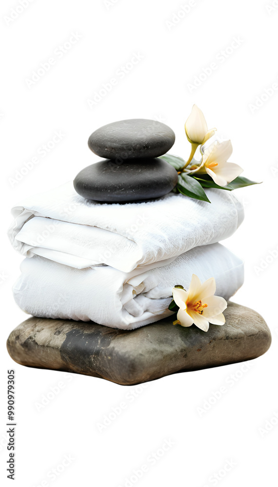 A collection of neatly stacked white towels rests on a smooth stone base, adorned with polished stones and fresh flowers, creating a tranquil spa experience atmosphere. Generative AI A collection of neatly stacked white towels rests on a smooth stone base, adorned with polished stones and fresh flowers, creating a tranquil spa experience atmosphere. Generative AI