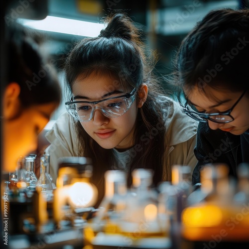 Science lab experiment with students conducting research, hands-on learning, sharp focus, bright lighting, high detail. photo