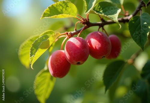 Red Apples on a Branch in Sunlight