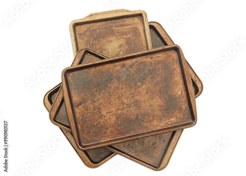 Old baking sheets isolated on white