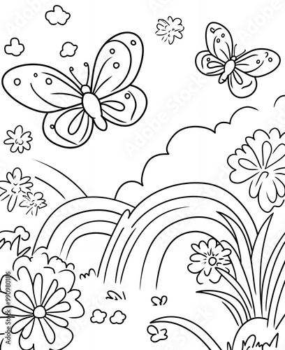 a butterfly on a white background with butterflies and flowers