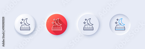 Mattress line icon. Neumorphic, Red gradient, 3d pin buttons. Night sleep bed rest sign. Moon symbol. Line icons. Neumorphic buttons with outline signs. Vector
