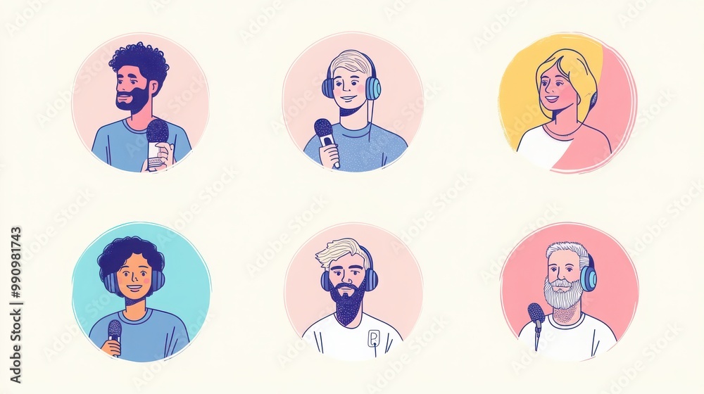 a set of illustrated avatars in circular frames showcasing diverse podcasters and online personalities. One podcaster wears a t-shirt holding a microphone, another has shoulder-length hair a set of illustrated avatars in circular frames showcasing diverse podcasters and online personalities. One podcaster wears a t-shirt holding a microphone, another has shoulder-length hair