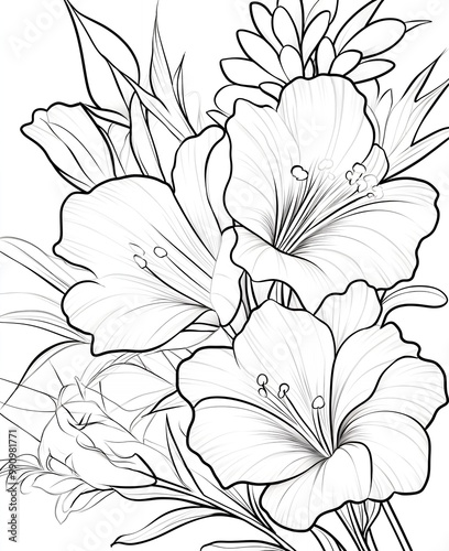 a black and white drawing of flowers 