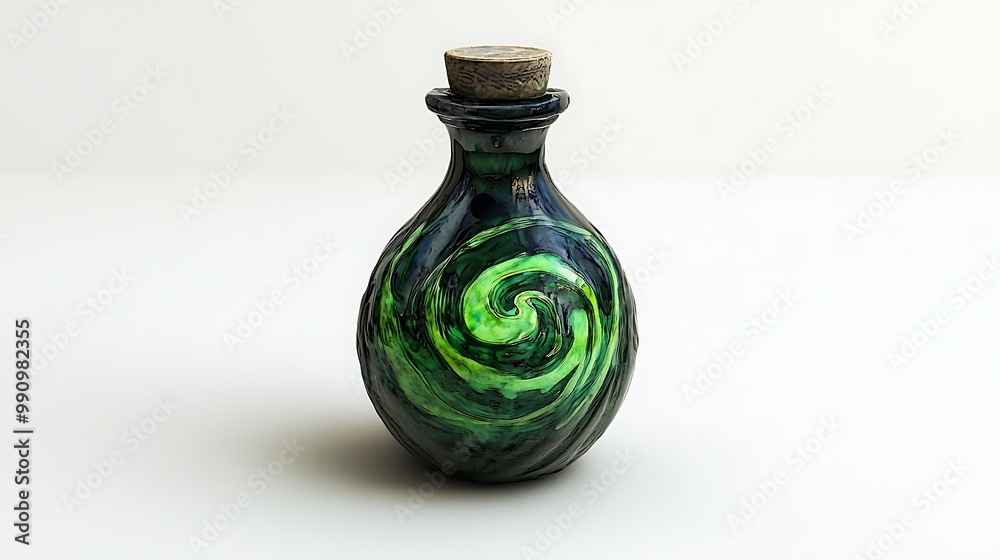 A green glass bottle with a swirl pattern and cork adds a touch of enchantment. A green glass bottle with a swirl pattern and cork adds a touch of enchantment.
