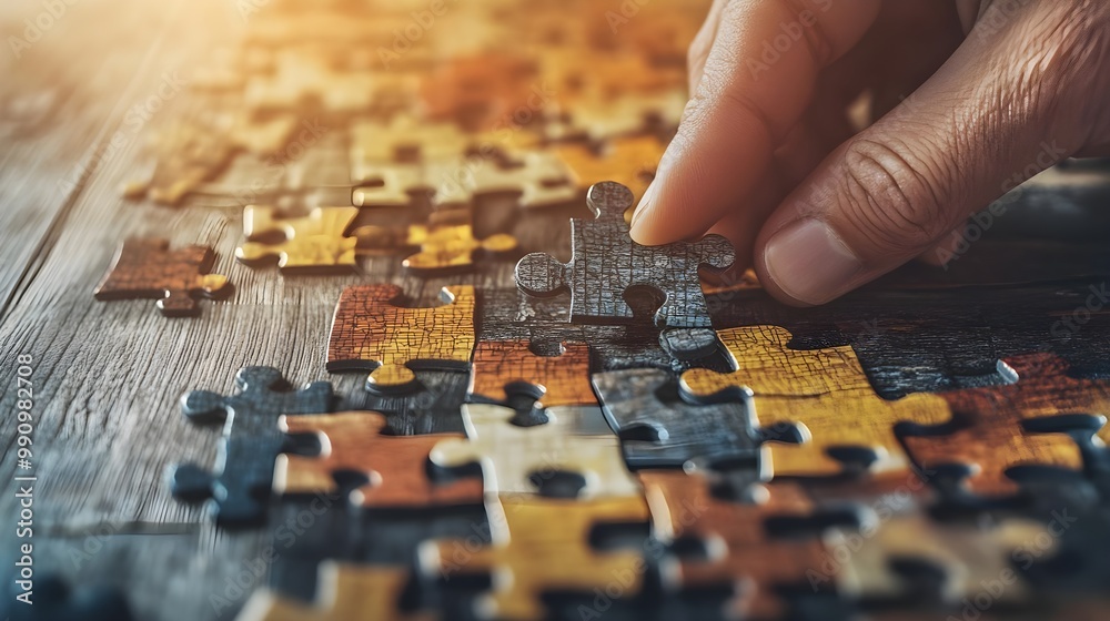 Hand assembling colorful puzzle pieces on wooden table. Hand assembling colorful puzzle pieces on wooden table.