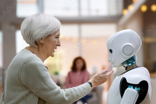Older retirees are helped by an AI robot nurse. Compassionate care for an elderly patient in a nursing home. A nurse assists an elderly woman in a cozy home environment. Supportive nursing care for an