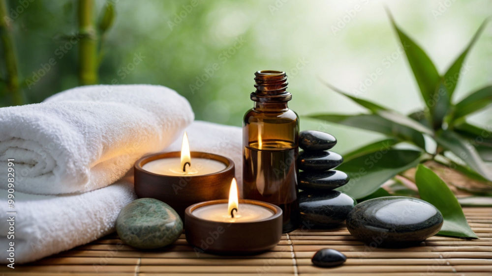 spa smooth stones, essential oils, and a lit candle, placed on a soft, white towel. The background should be blurred, with subtle greenery or bamboo elements peaceful ambiance. spa smooth stones, essential oils, and a lit candle, placed on a soft, white towel. The background should be blurred, with subtle greenery or bamboo elements peaceful ambiance.