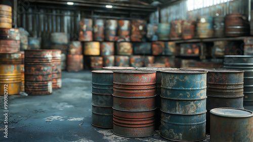 Storage facility for hazardous and toxic waste in an industrial factory, Abandoned oil drums stacked barrels