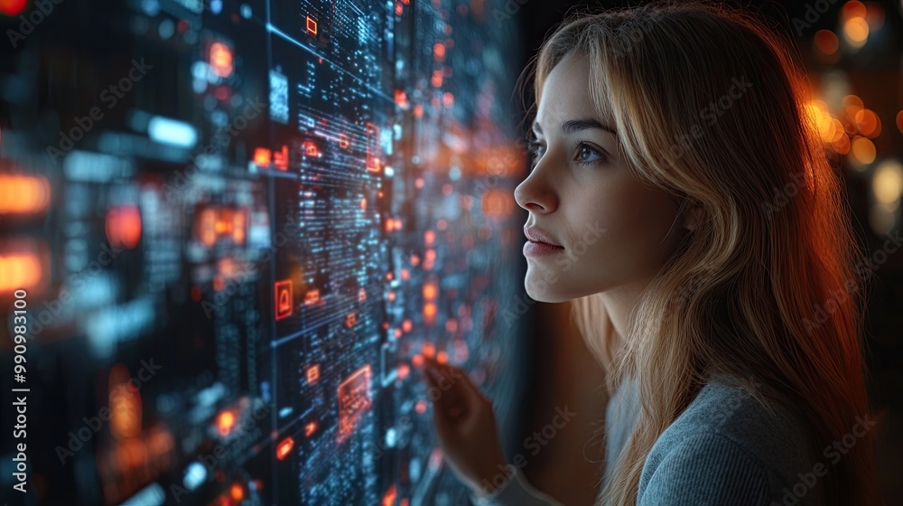 A businesswoman interacts with virtual screen icons, showcasing the use of modern technology in managing business tasks and communications. A businesswoman interacts with virtual screen icons, showcasing the use of modern technology in managing business tasks and communications.