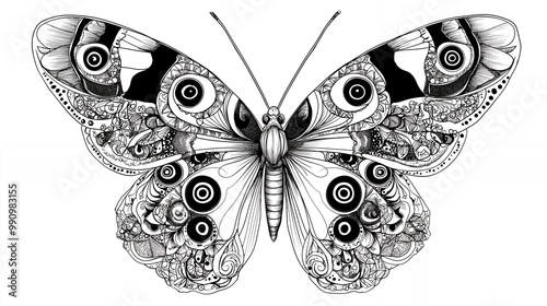 a black and white drawing of a butterfly with a pattern