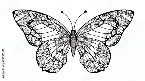 a black and white drawing of a butterfly with a pattern on it