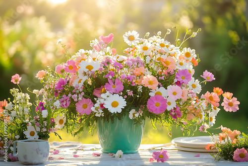 Joyful background with mixed daisy arrangements in a sunlit garden setting