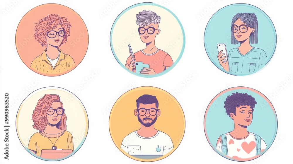 Fototapeta premium a set of illustrated avatars in circular frames showcasing diverse social media trendsetters. One trendsetter wears fashionable clothes holding a phone