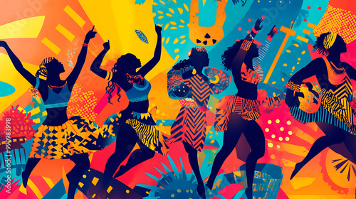 Joyful background with a festival celebrating Afrobeat music, including colours and energetic dance performances photo