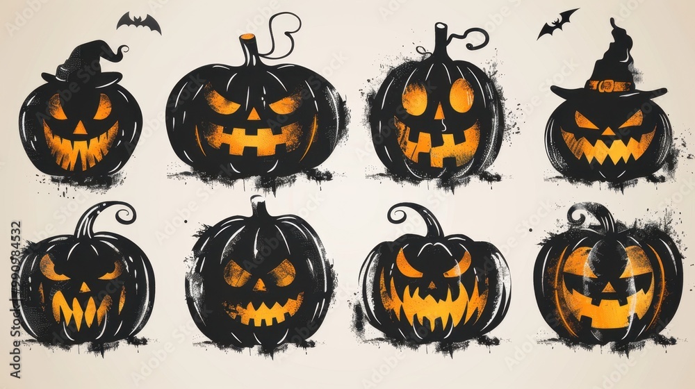 Design black silhouette illustrations of spooky Halloween Jack-o'-lantern in set of collection ,with bold lines and simple design, placed on a white background Design black silhouette illustrations of spooky Halloween Jack-o'-lantern in set of collection ,with bold lines and simple design, placed on a white background