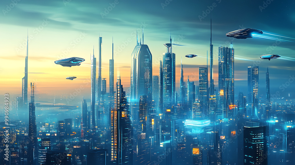 Fototapeta premium background with a futuristic city, showcasing flying cars, advanced technology, and imaginative sci-fi elements