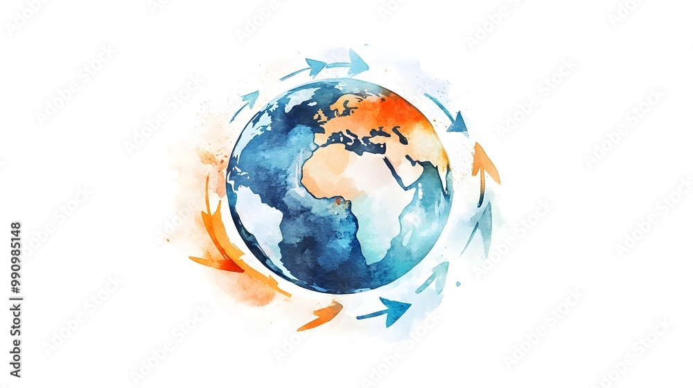 Watercolor of Globe with Circling Arrows Symbolizing Business Expansion and Leadership Watercolor of Globe with Circling Arrows Symbolizing Business Expansion and Leadership