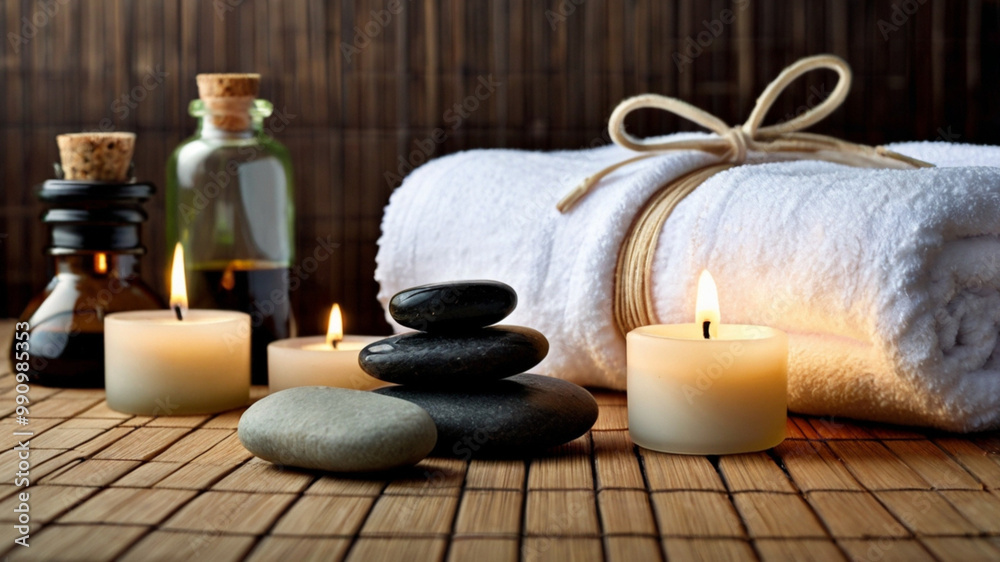 spa smooth stones, essential oils, and a lit candle, placed on a soft, white towel. The background should be blurred, with subtle greenery or bamboo elements peaceful ambiance. spa smooth stones, essential oils, and a lit candle, placed on a soft, white towel. The background should be blurred, with subtle greenery or bamboo elements peaceful ambiance.