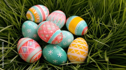 Colorful, decorated Easter eggs nestled in vibrant green grass, perfect for spring celebrations and festive decorations.