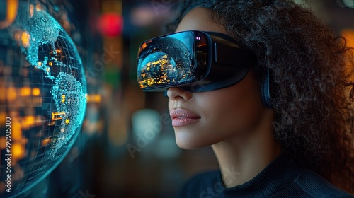 A businesswoman wears virtual reality glasses, interacting with a virtual globe, demonstrating the global reach of VR technology in business. photo