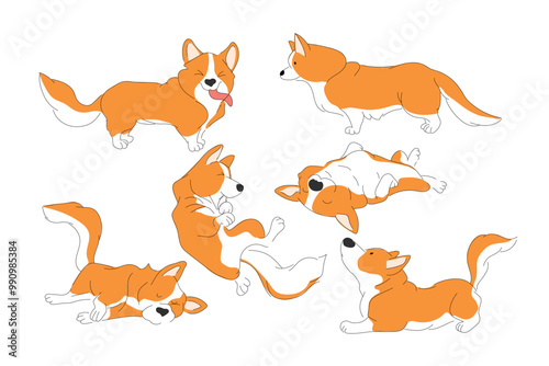 Corgi set. Funny puppies. Different poses - dog is running, sitting , back view .Vector