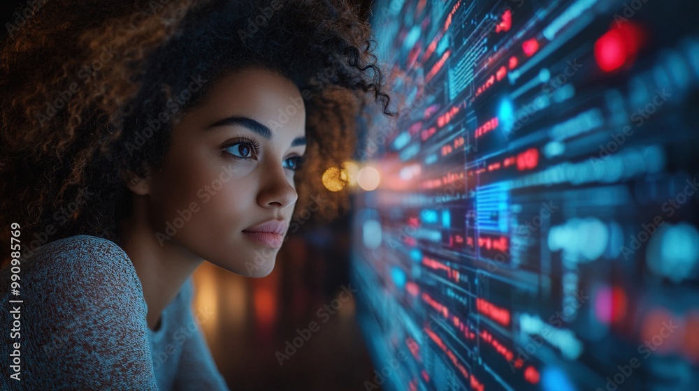 A businesswoman works on her laptop, looking at the monitor as she conducts research, representing the blend of technology and business strategies. A businesswoman works on her laptop, looking at the monitor as she conducts research, representing the blend of technology and business strategies.