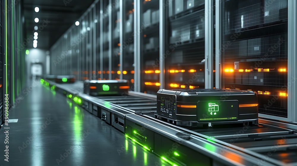 Fototapeta premium Show a futuristic warehouse where robots, conveyors, and IoT devices are hard at work, controlled by a digital overlay, conveyer belts and pallet boxes