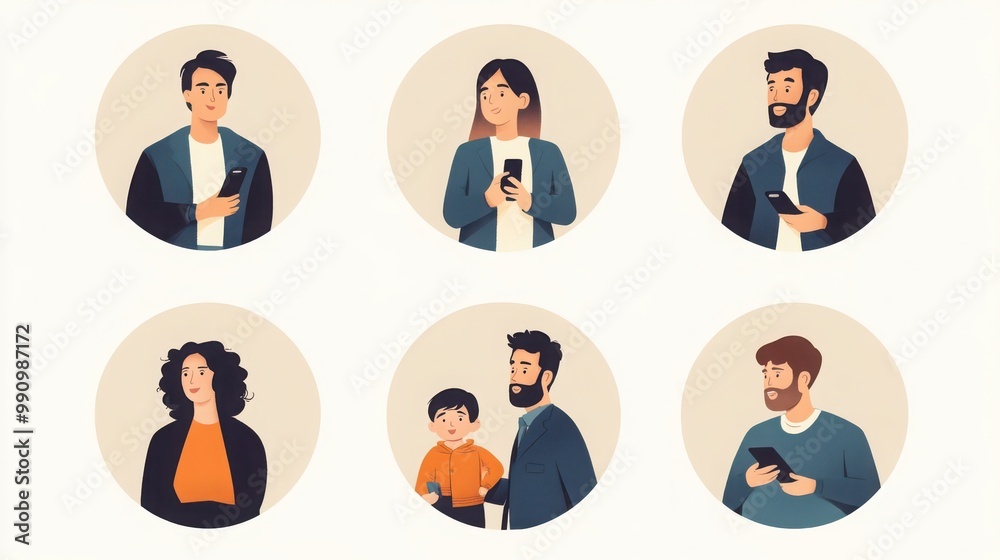 a set of illustrated avatars in circular frames showcasing diverse individuals in their thirties balancing work and family life. One wears a suit holding a smartphone a set of illustrated avatars in circular frames showcasing diverse individuals in their thirties balancing work and family life. One wears a suit holding a smartphone