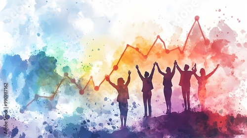 Watercolor Painting of Business Team Celebrating Market Success