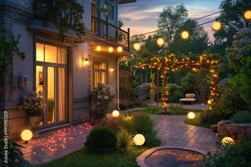 Summer evening on the patio of beautiful suburban house with lights in the garden garden photo