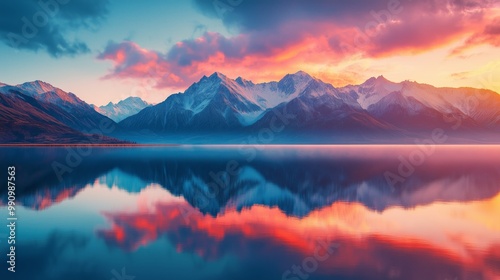 Majestic mountain range at sunset, colorful sky reflecting on a serene lake