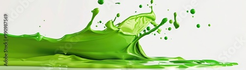 Vibrant green paint splashing against a white background, showcasing dynamic movement and artistic expression.