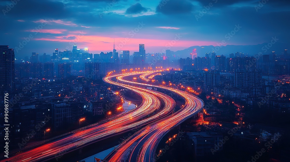 A city interchange illuminated by tail lights captures the essence of urban movement and infrastructure. A city interchange illuminated by tail lights captures the essence of urban movement and infrastructure.