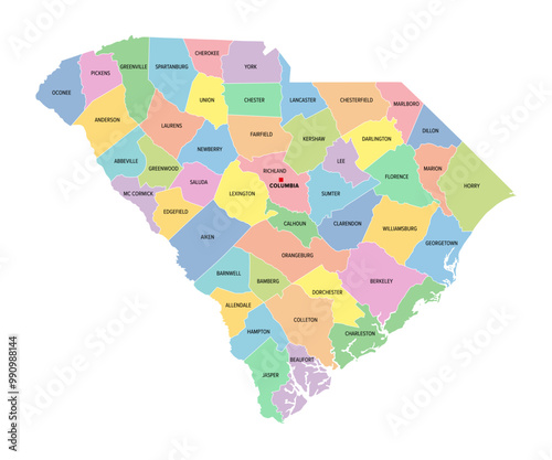 South Carolina, U.S. state, subdivided into 46 counties, multi colored political map with capital Columbia, borders and county names. State in the Southeastern region of United States. Palmetto State.