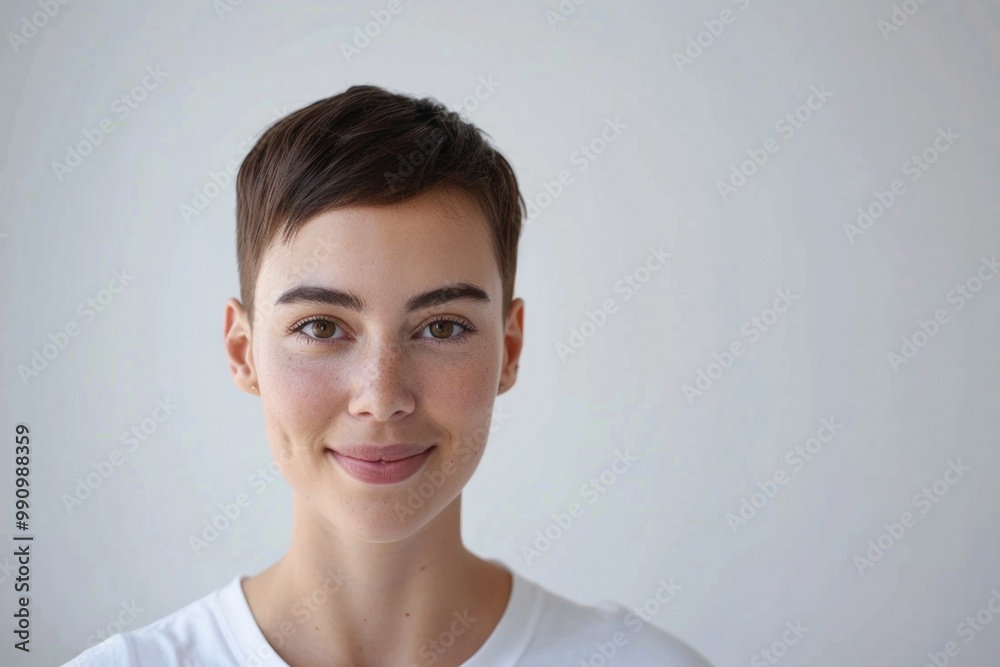 Haircut White Background. Beautiful Caucasian Woman with Short Haircut, Smiling and Confident, Skin Care Concept Haircut White Background. Beautiful Caucasian Woman with Short Haircut, Smiling and Confident, Skin Care Concept