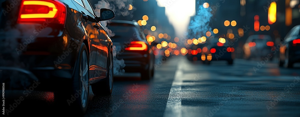 Naklejka premium Cars in urban traffic, nighttime with blurred city lights