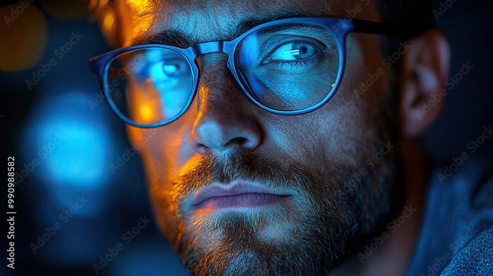 A close-up of a creative man in glasses working late at night in the office, contemplating technology and deadlines. A close-up of a creative man in glasses working late at night in the office, contemplating technology and deadlines.
