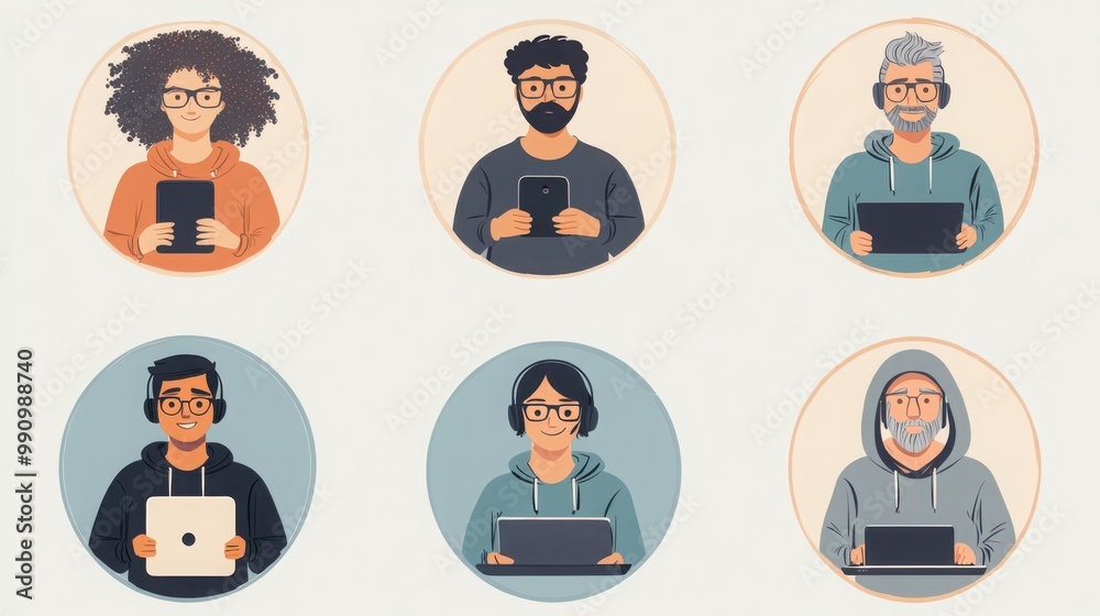 a set of illustrated avatars in circular frames showcasing diverse online community moderators. One moderator wears glasses holding a smartphone, another has short curly hair a set of illustrated avatars in circular frames showcasing diverse online community moderators. One moderator wears glasses holding a smartphone, another has short curly hair