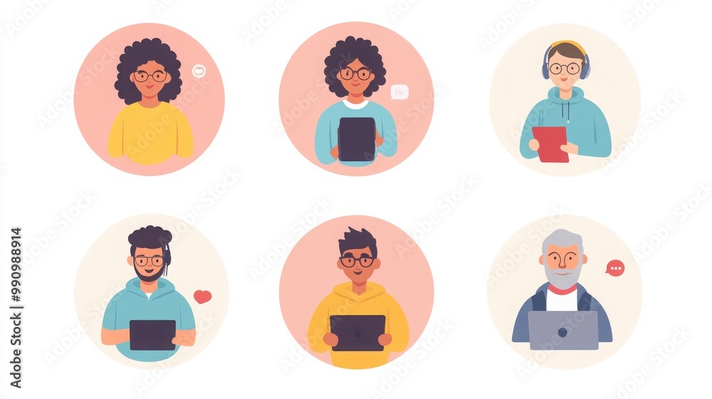 a set of illustrated avatars in circular frames showcasing diverse online community moderators. One moderator wears glasses holding a smartphone, another has short curly hair a set of illustrated avatars in circular frames showcasing diverse online community moderators. One moderator wears glasses holding a smartphone, another has short curly hair