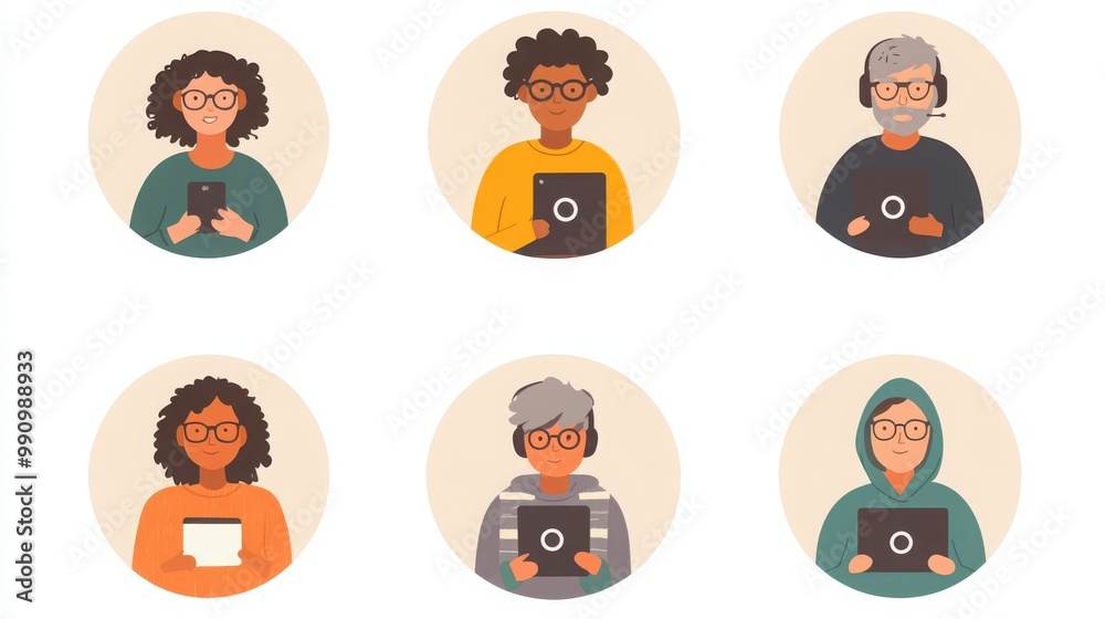 a set of illustrated avatars in circular frames showcasing diverse online community moderators. One moderator wears glasses holding a smartphone, another has short curly hair a set of illustrated avatars in circular frames showcasing diverse online community moderators. One moderator wears glasses holding a smartphone, another has short curly hair