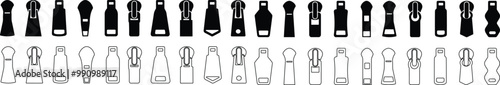 Set of different zippers. zipper pullers vector illustration zip heads, zipper slider flat and line sketch collection