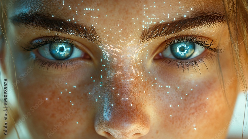 A close-up of female eyes undergoing biometric scanning illustrates the precision of digital cyber technologies. A close-up of female eyes undergoing biometric scanning illustrates the precision of digital cyber technologies.
