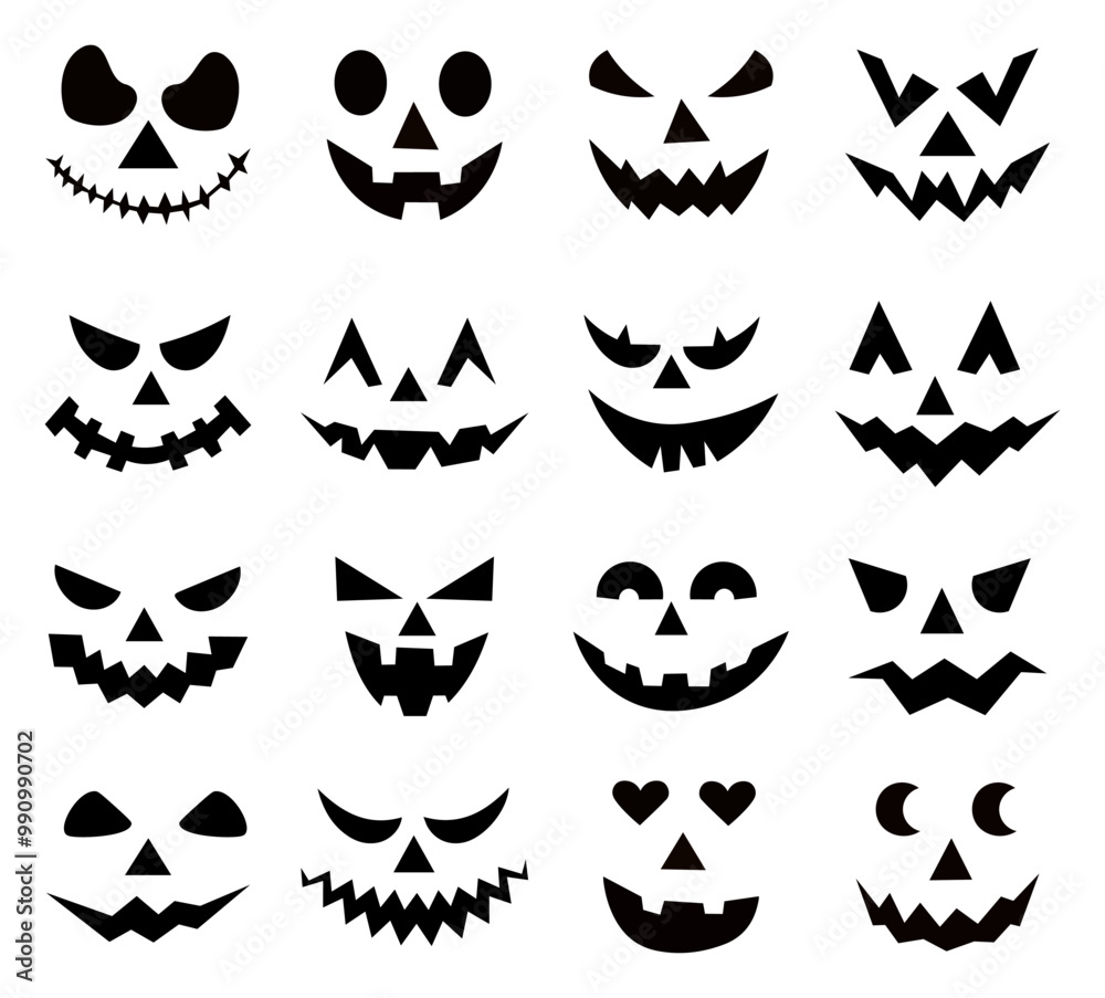 Set of spooky pumpkin smiles. Horror and scary faces. Design for holiday Halloween Set of spooky pumpkin smiles. Horror and scary faces. Design for holiday Halloween